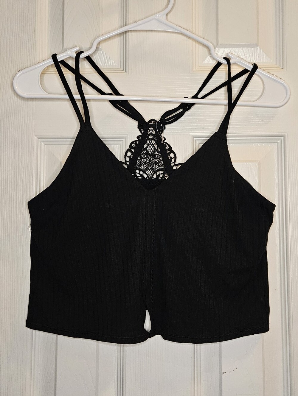 Aerie Black Lace-Back Ribbed Cami Crop Top, Shelf Bra, Sz Lg, NWOT